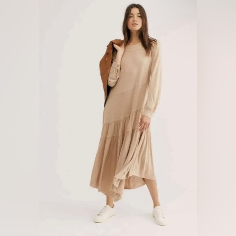 Free People FP BEACH Jilly Tiered Casual Midi Dress beige oversized long sleeve